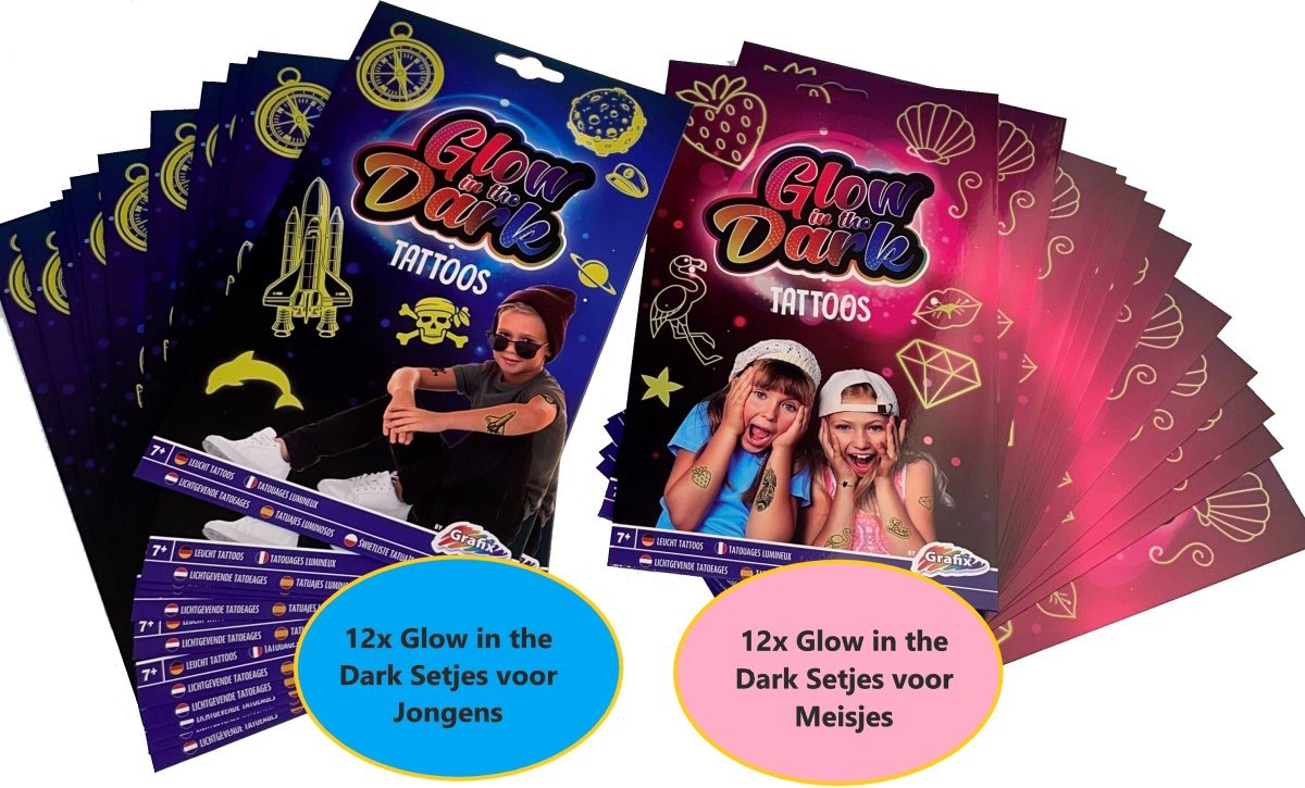 Grafix Traktatie Uitdeelcadeautjes voor Kinderen | 24x Glow in the Dark Tattoo | Voor Jongens & Meisjes | Lichtgevende Tatoeages | Uitdeelcadeautjes voor traktatie | Weggeef Cadeautjes | Kinderfeestje